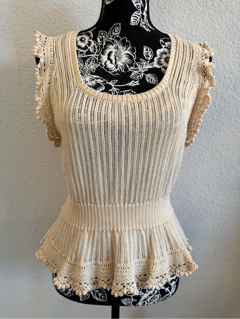 PAIGE Cream Knit Peplum Tank with Crochet Trim